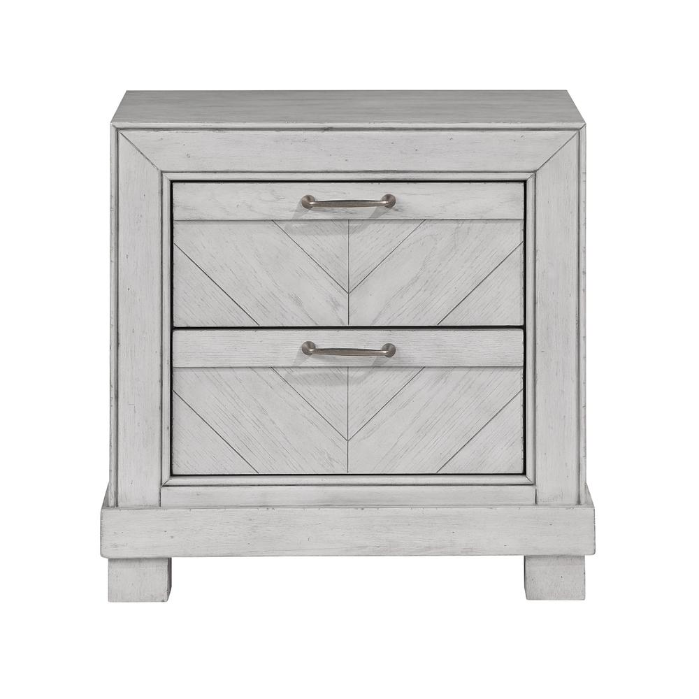 Gray Montana nightstand by Start2Finish with a sleek design and drawer storage, placed next to a bed in a modern bedroom setting.