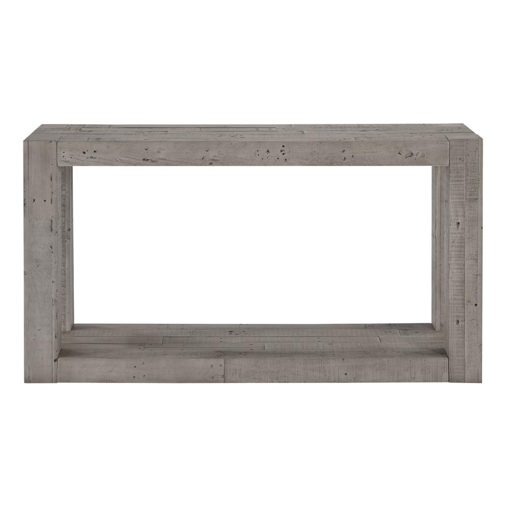 Start2Finish Pinedale sofa table with wood finish, featuring a rectangular top and open lower shelf for living room decor.