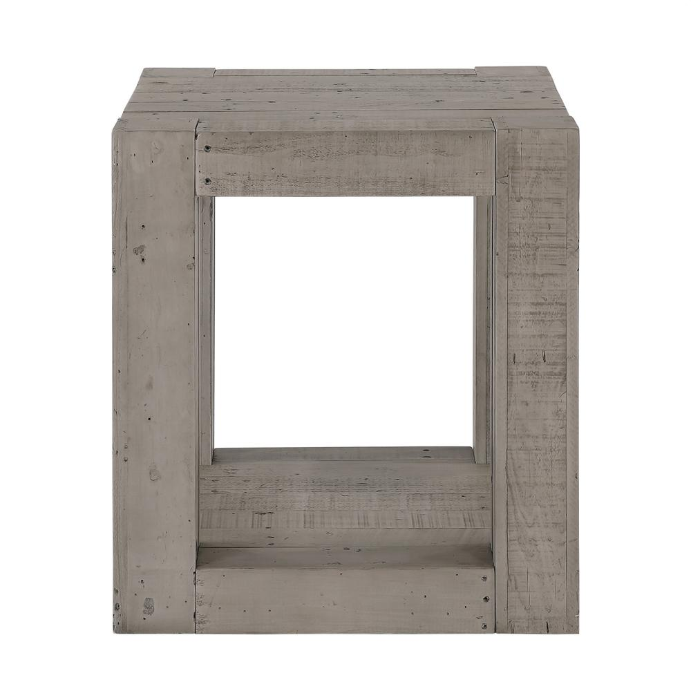 Start2Finish Pinedale End Table with a wooden top and metal legs, showcasing a modern design in a home setting.