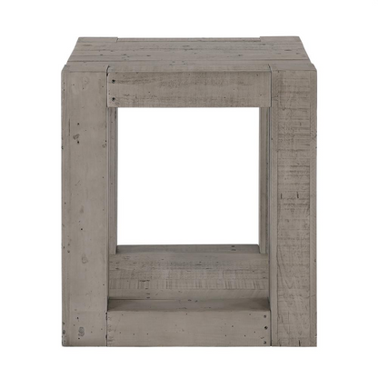Start2Finish Pinedale End Table with a wooden top and metal legs, showcasing a modern design in a home setting.