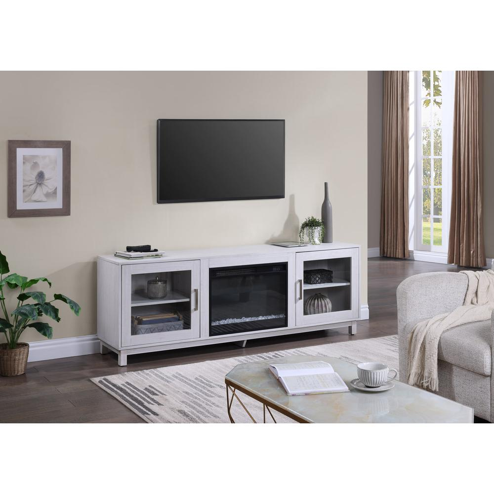 White walnut finish Summit 70-inch TV stand with fireplace, modern furniture by Start2Finish, featuring storage and decorative design.