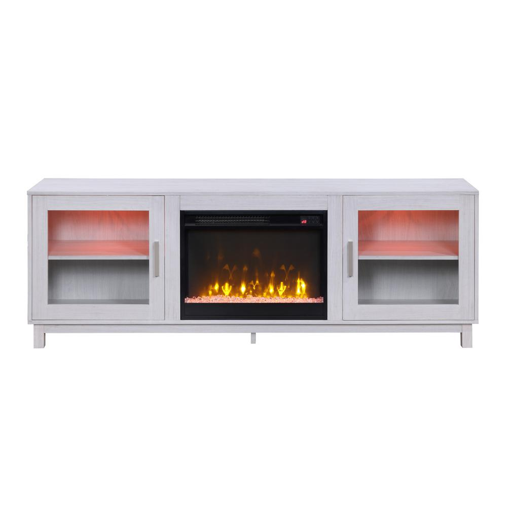 White walnut finish Summit 70-inch TV stand with fireplace, modern furniture piece by Start2Finish showing storage compartments and electric fireplace