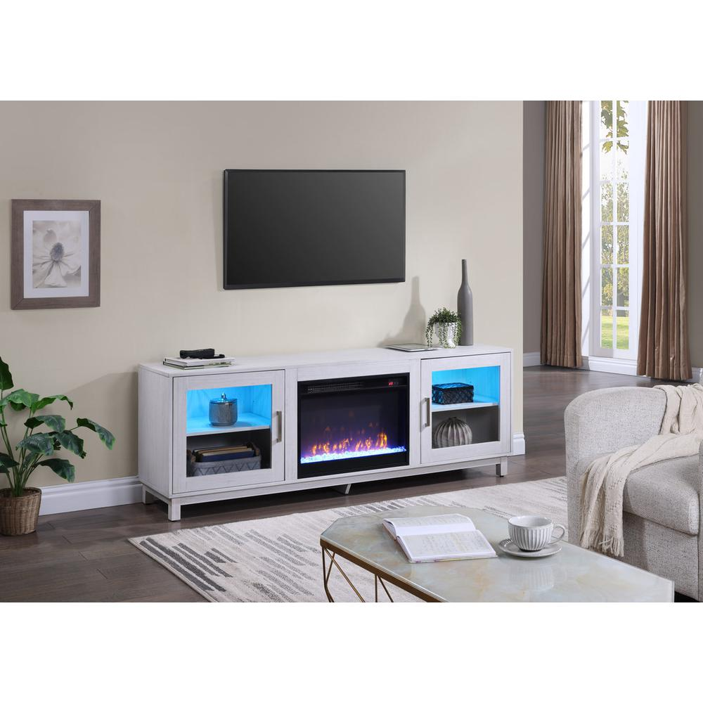 White walnut finish Summit 70-inch TV stand with fireplace, Start2Finish furniture, featuring storage compartments and modern design.