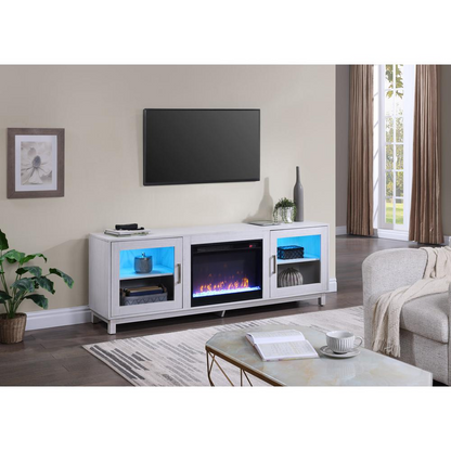 White walnut finish Summit 70-inch TV stand with fireplace, Start2Finish furniture, featuring storage compartments and modern design.