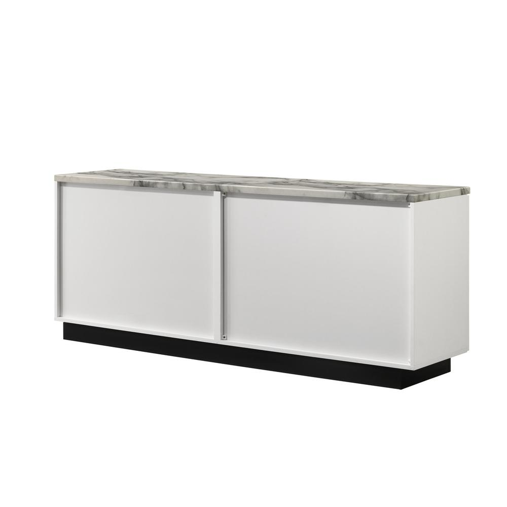 Start2Finish Matilda 63-inch white cabinet console table with white faux marble top, modern furniture piece for entryway or living room
