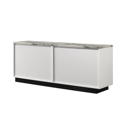 Start2Finish Matilda 63-inch white cabinet console table with white faux marble top, modern furniture piece for entryway or living room