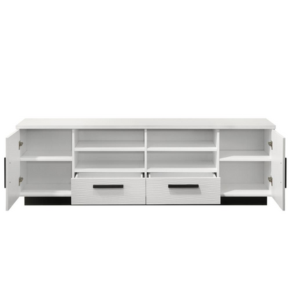 Start2Finish Matilda 70.5-inch white TV stand with drawers, featuring a sleek finish and ample storage space.