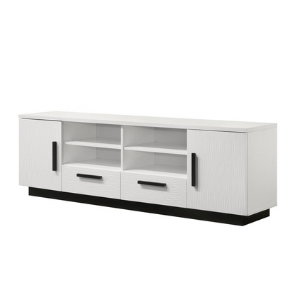 Start2Finish Matilda 70.5-inch white TV stand with drawers, featuring a sleek design and ample storage space.