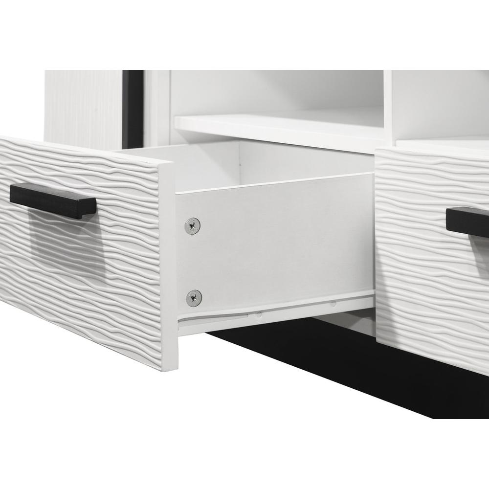 Start2Finish Matilda 70.5-inch white TV stand with drawers, featuring a sleek modern design and ample storage space.