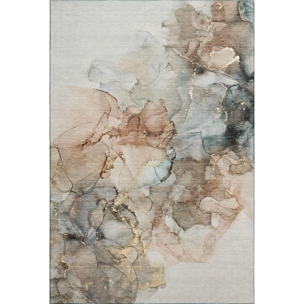 Start2Finish Odyssey OY12 tan 9x12 washable rug with intricate patterns, displayed on a neutral-colored floor.