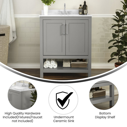 Contemporary 30-inch bathroom vanity with integrated sink from Start2Finish, featuring sleek wooden cabinet and modern faucet.