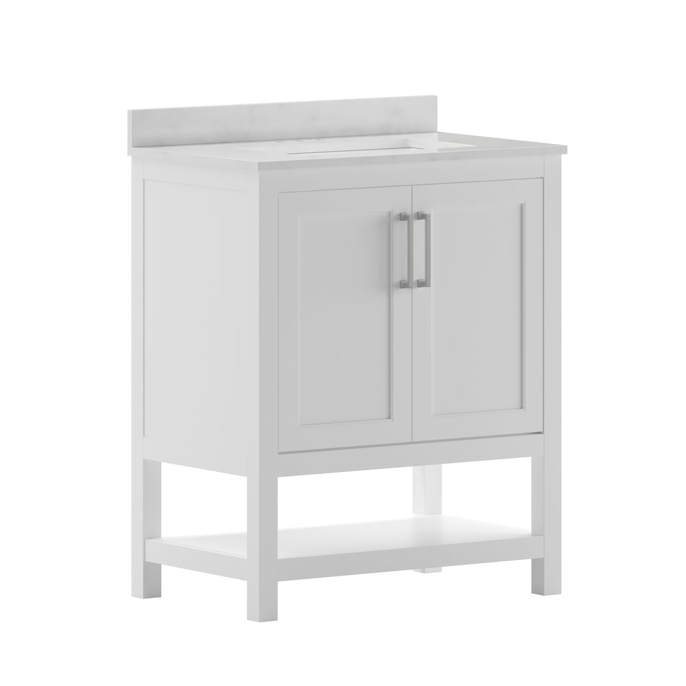 Contemporary 30-inch bathroom vanity with integrated sink from Start2Finish, featuring sleek modern design and storage cabinet.