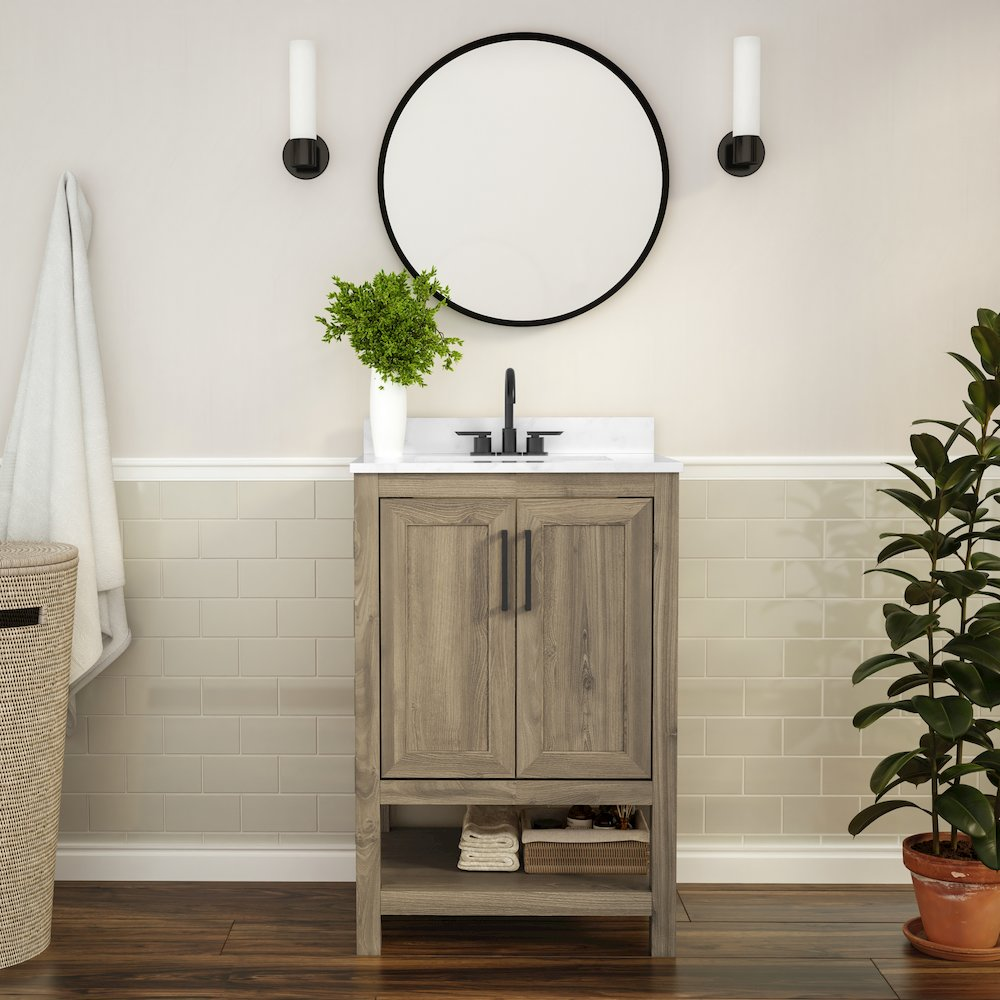 Contemporary 24-inch bathroom vanity with integrated sink from Start2Finish, featuring sleek modern design and cabinetry.