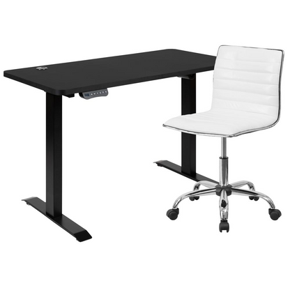 Start2Finish adjustable height motorized standing desk and swivel chair duo, showing the ergonomic work setup with desk and chair.
