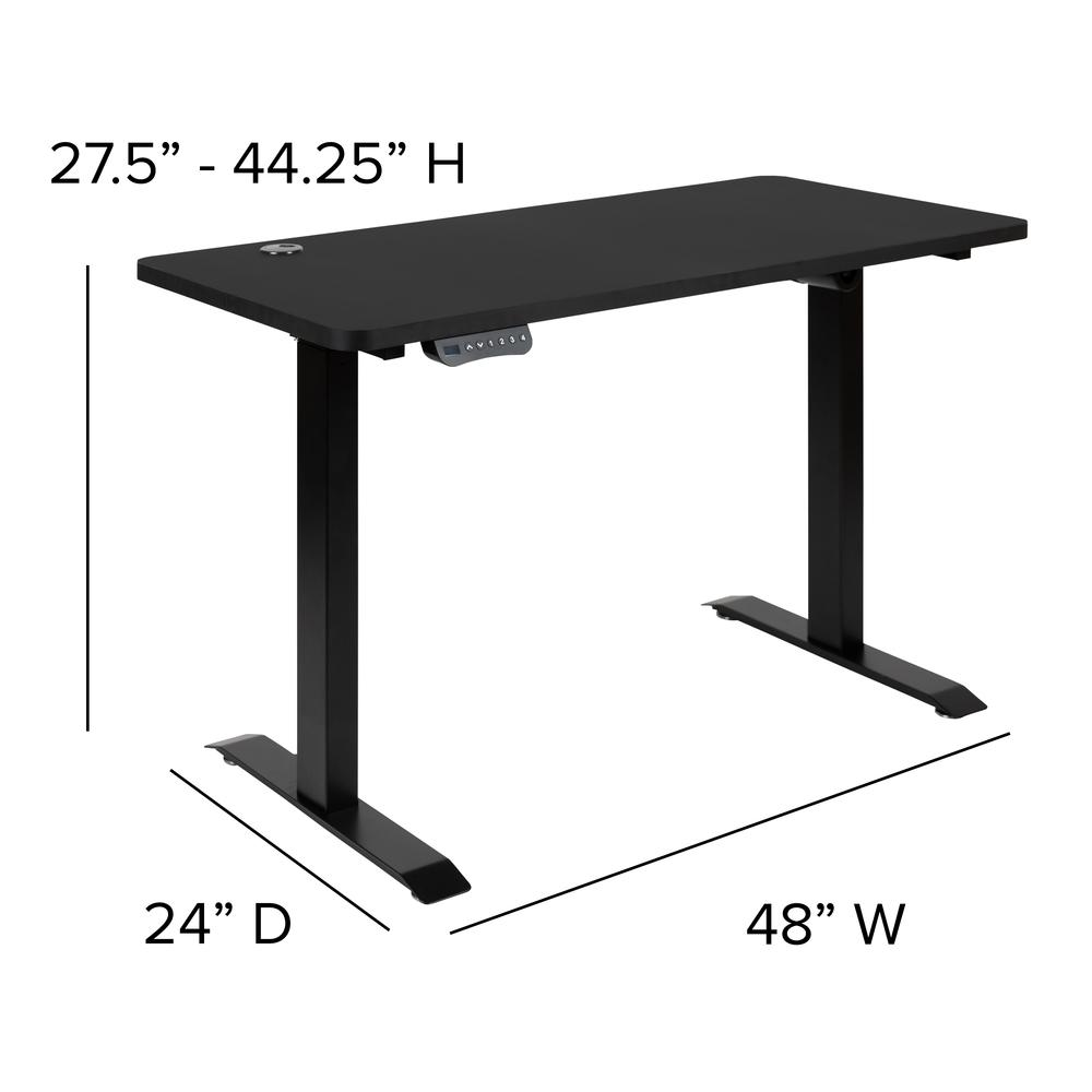 Start2Finish adjustable motorized standing desk with a swivel chair, featuring a sleek modern workspace setup.