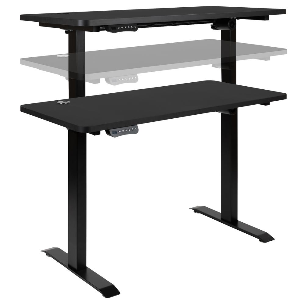 Start2Finish adjustable height motorized standing desk with a swivel chair, showcasing ergonomic workspace setup.