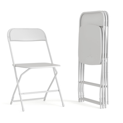 Set of four Start2Finish multi-use commercial folding plastic chairs in big and tall size, shown stacked and ready for seating.