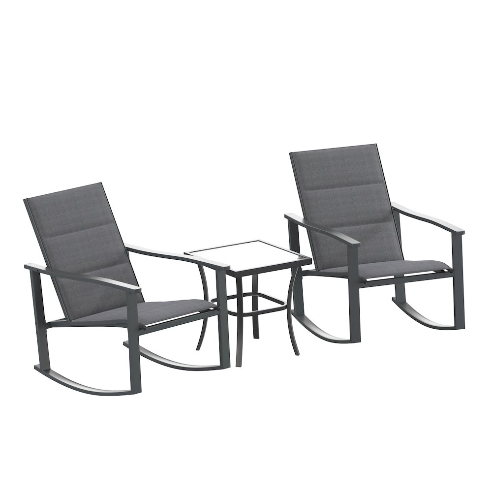 Set of three modern outdoor rocking chairs with a matching table by Start2Finish, featuring sleek design and weather-resistant materials.