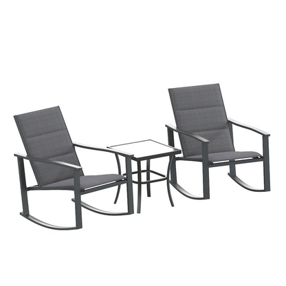Set of three modern outdoor rocking chairs with a matching table by Start2Finish, featuring sleek design and weather-resistant materials.
