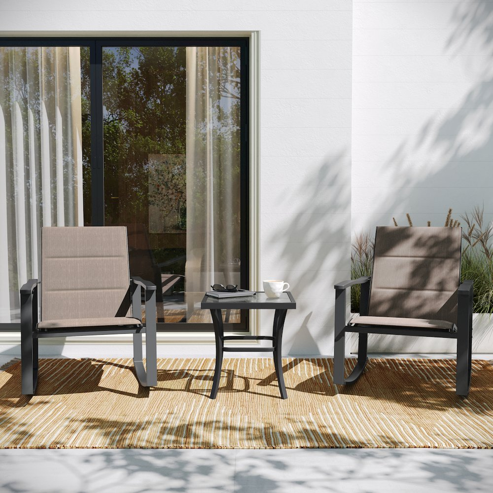 Start2Finish modern 3-piece outdoor rocking chair and table set with metal frames and wooden seats on a patio.