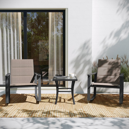 Start2Finish modern 3-piece outdoor rocking chair and table set with metal frames and wooden seats on a patio.