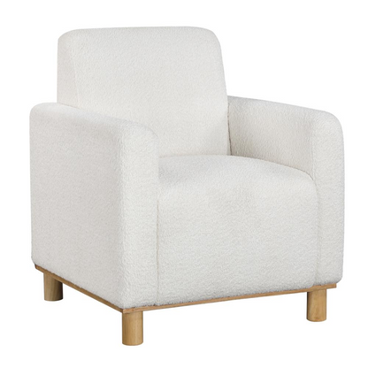 Start2Finish Maizie white boucle fabric arm chair with cushioned back and armrests, showcasing soft textured upholstery and modern design.