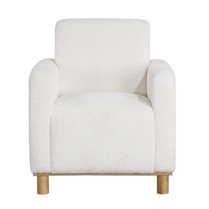 Start2Finish Maizie white boucle fabric arm chair with plush cushioning and wooden legs, modern furniture for living room decor.