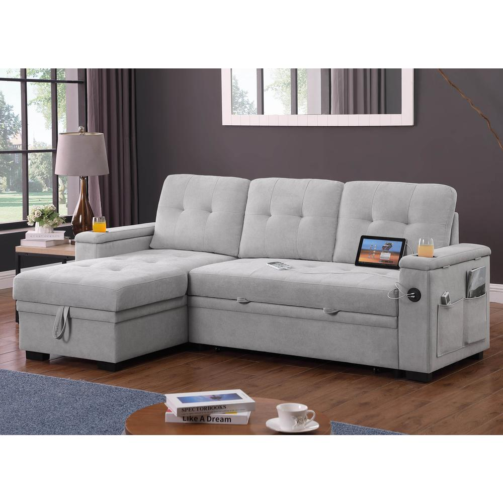 Gray woven fabric reversible sleeper sectional sofa by Start2Finish, showing the L-shape design with cushions and built-in sleeper feature.