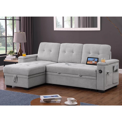 Gray woven fabric reversible sleeper sectional sofa by Start2Finish, showing the L-shape design with cushions and built-in sleeper feature.