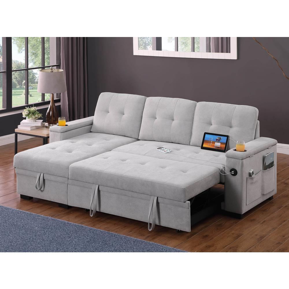 Gray woven fabric reversible sleeper sectional sofa with wide seating and plush cushions, designed by Start2Finish.