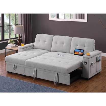 Gray woven fabric reversible sleeper sectional sofa with wide seating and plush cushions, designed by Start2Finish.