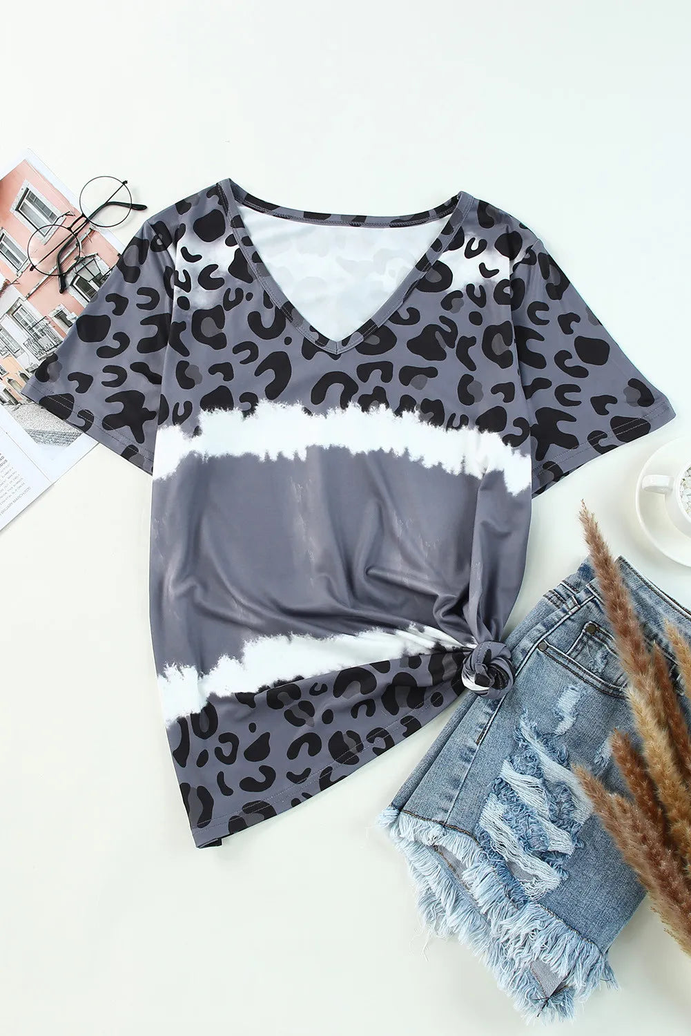Leopard print V-neck short sleeve T-shirt by Pear Daisy, casual home and garden wear, shown on a model.