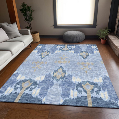 Start2Finish Chantille ACN748 blue 10x14 rug with intricate pattern on plush fabric, ideal for living rooms or bedrooms.
