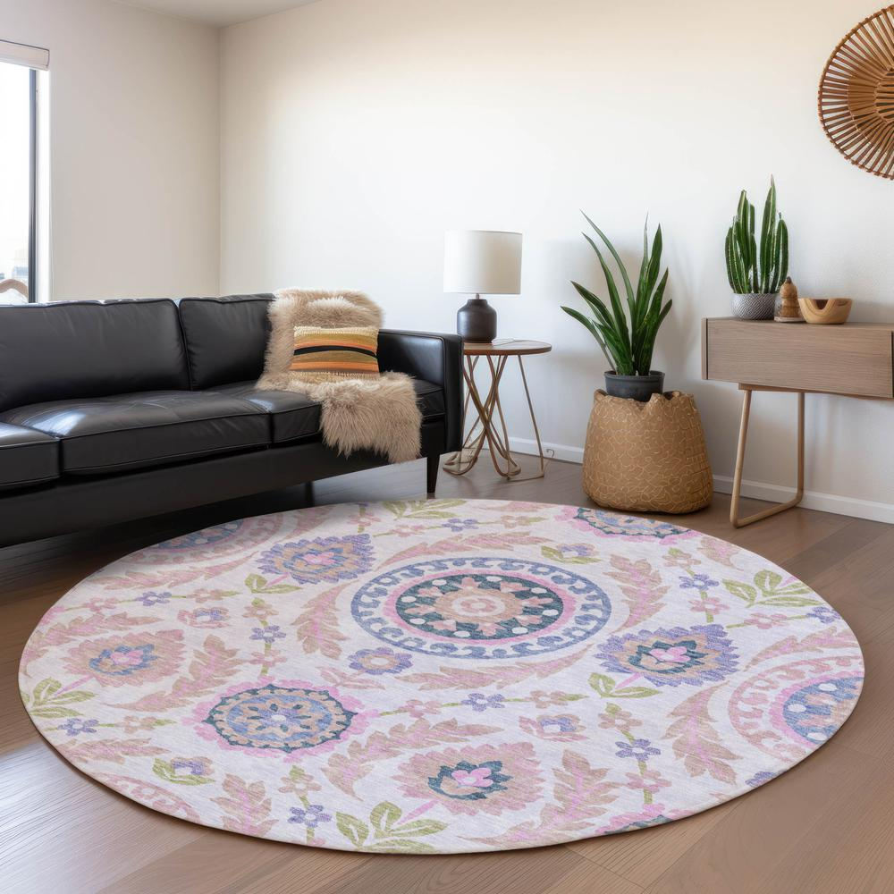 Start2Finish Chantille ACN751 pink 8x8 rug with soft texture and intricate pattern on a neutral background.