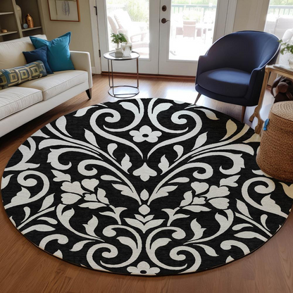 Start2Finish Chantille ACN875 black rug, 8x8 feet, showcasing a plush, textured surface with intricate pattern details.