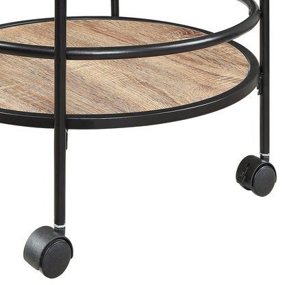 Start2Finish Designs2Go Charlie serving bar cart with metal frame, wooden shelves, and wheels for easy mobility.
