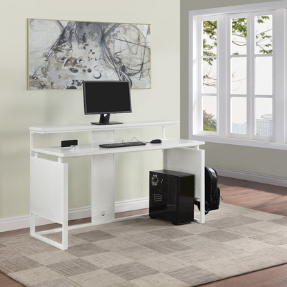 Start2Finish Ace 60-inch desk with hutch, featuring a white top and frame, shown with spacious workspace and storage.