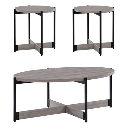 Three grey woodgrain finish occasional tables with black metal legs, part of the Start2Finish 3-piece furniture set.
