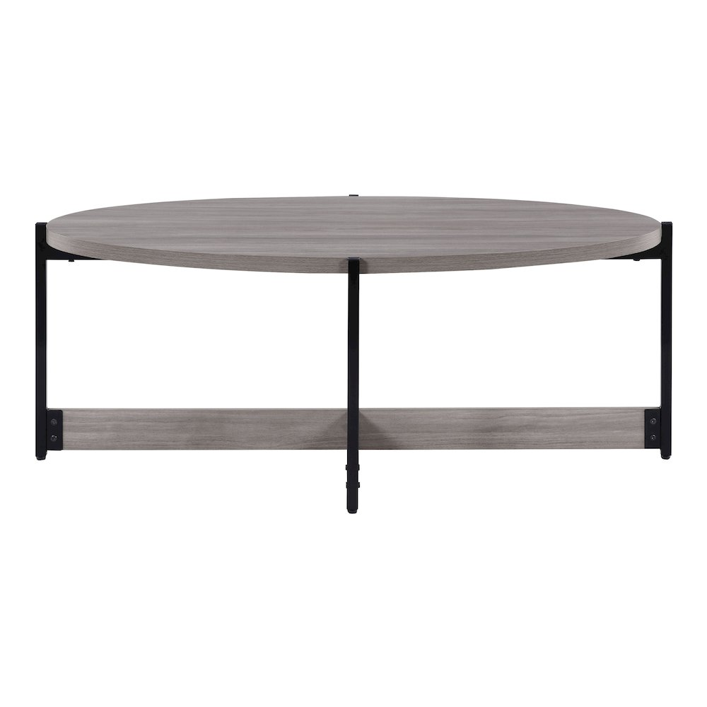 Set of three grey woodgrain finish occasional tables with black metal legs, modern furniture by Start2Finish.