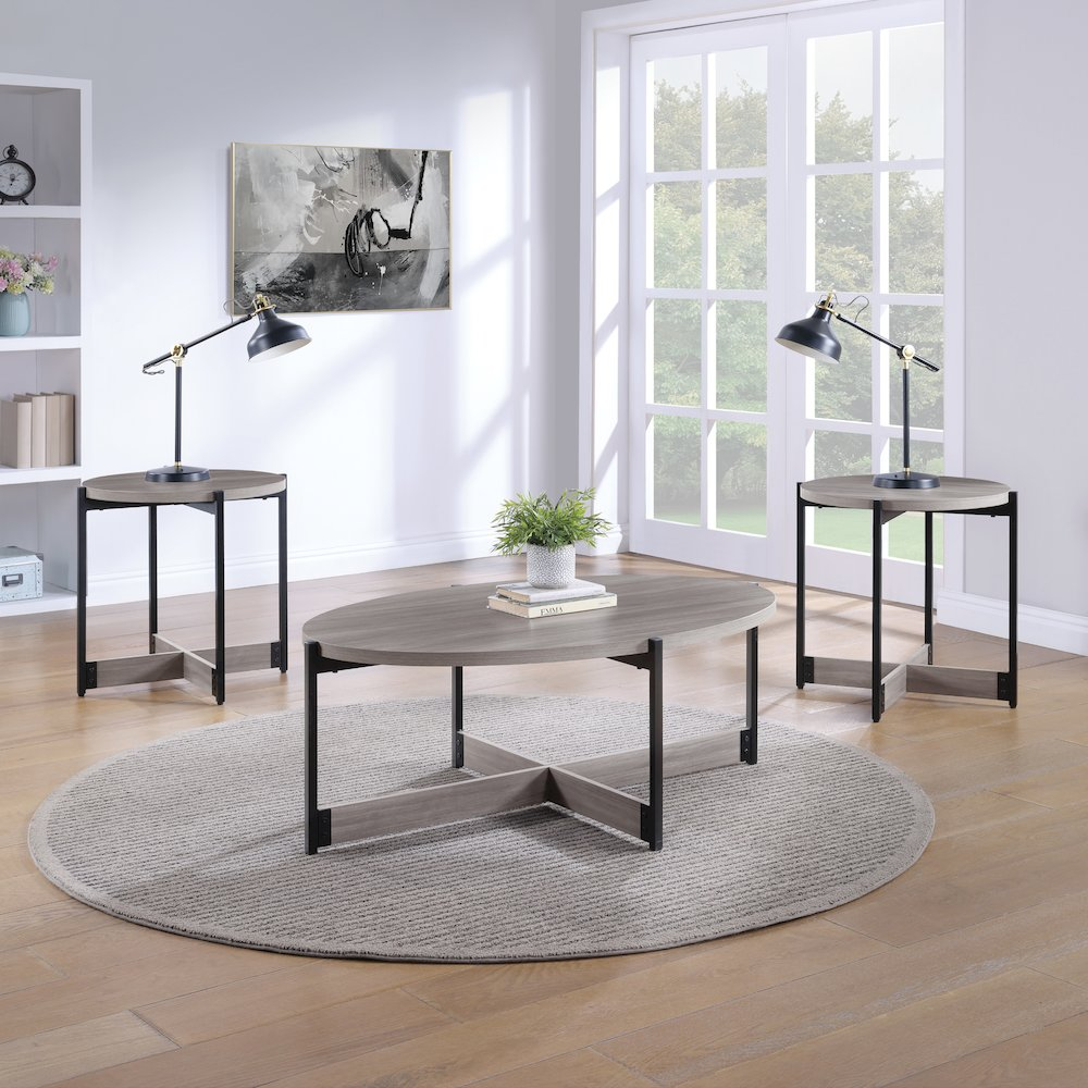 Three grey woodgrain finish occasional tables with black metal legs, part of Start2Finish 3-piece furniture set.