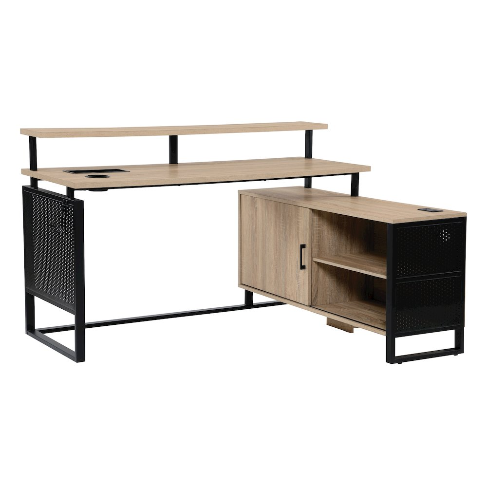 Ace 60x50 inch L-shape desk with river oak top and matte black frame, suitable for modern home or office workspace.