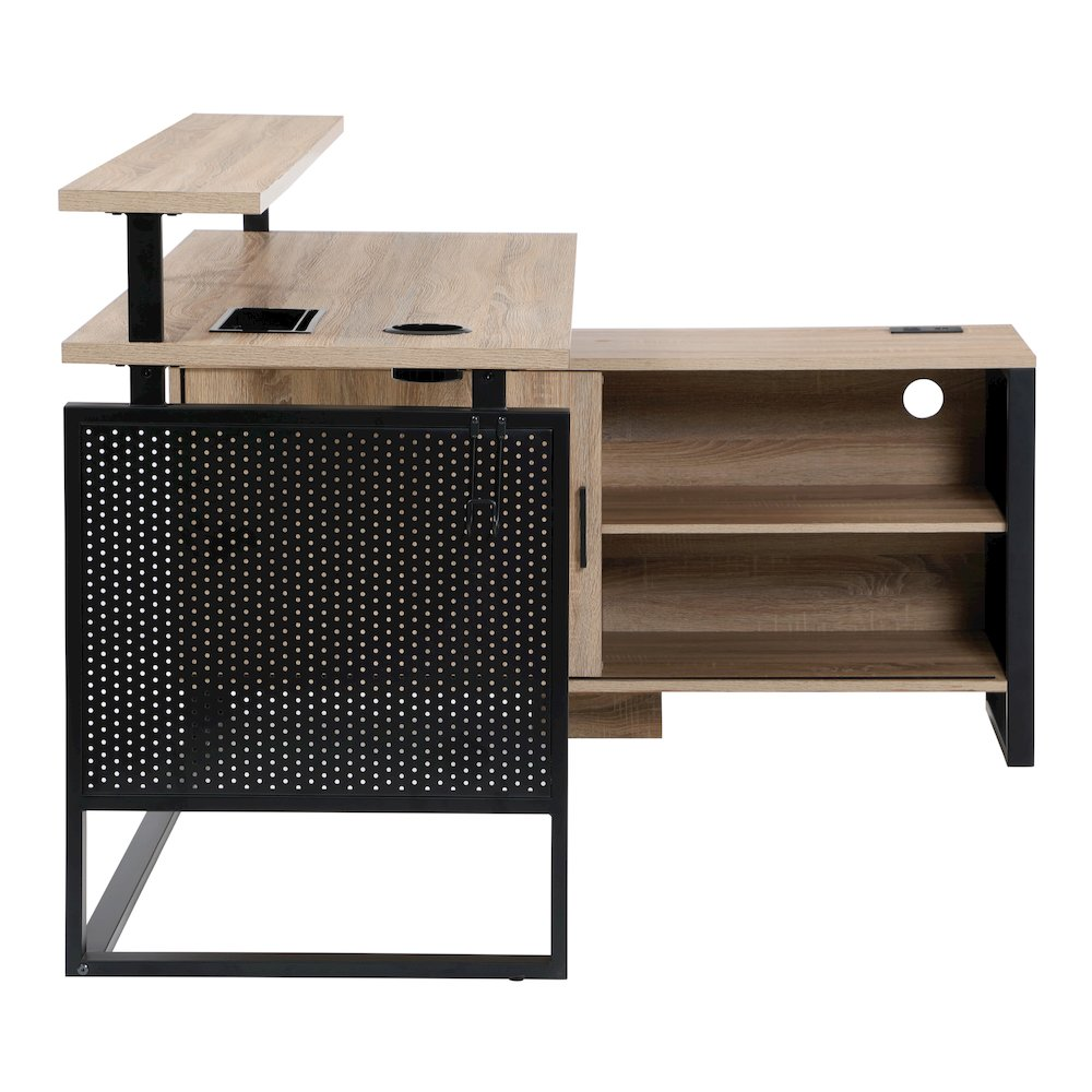 Start2Finish Ace L-Shape Desk with River Oak top and matte black frame, showing the spacious desk surface and modern design.