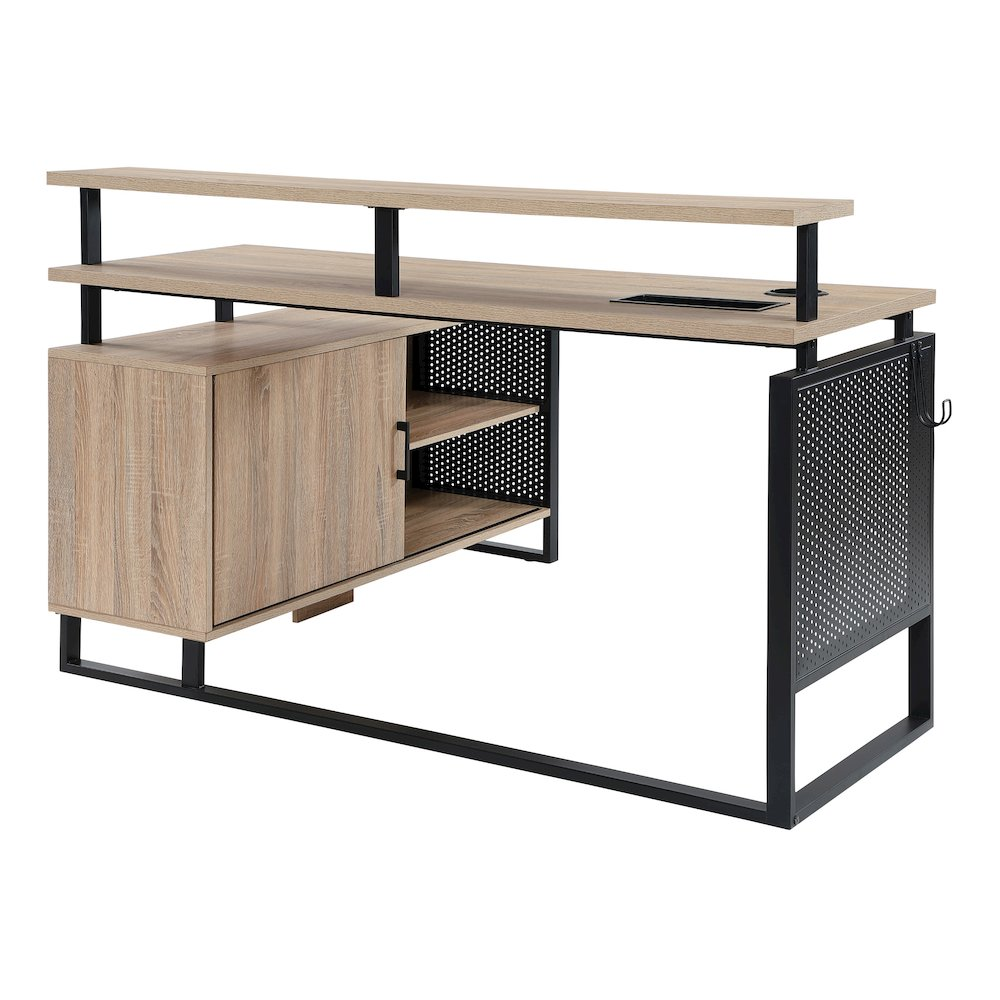 Start2Finish Ace 60x50-inch L-shape desk with River Oak top and matte black frame, showing the spacious workspace and modern design.