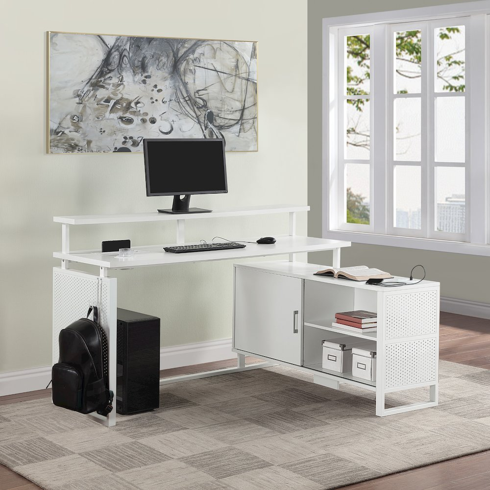 White Ace L-shape desk with 60x50 inch top and white frame, ideal for home or office workspace.