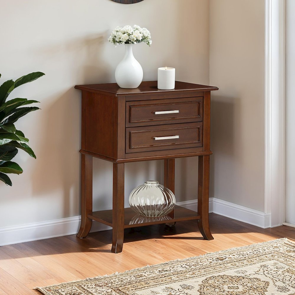 Start2Finish Sydney 2 Drawer Entryway Hall Table with Shelf, wooden console table with two drawers and bottom shelf for entryway storage.