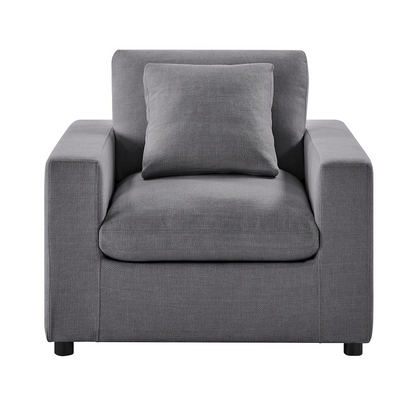 Charcoal Casella Modern Armchair by Start2Finish with plush fabric upholstery and sleek armrest design.