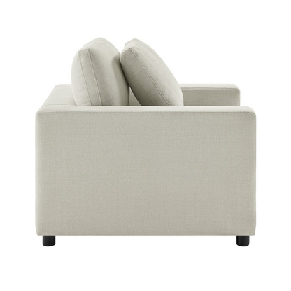 Start2Finish Casella modern beige armchair with plush upholstery and sleek design, shown from a side angle in the image.