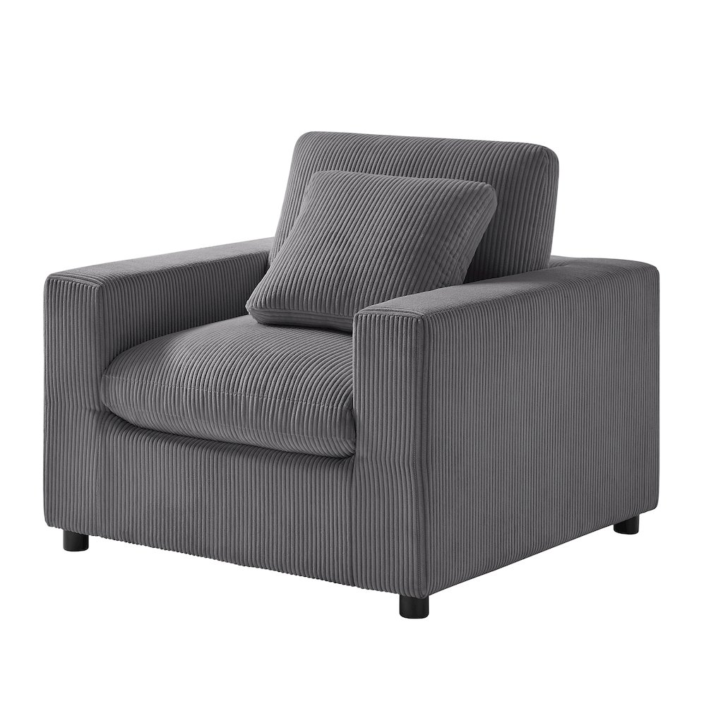 Start2Finish Casella modern armchair with charcoal corduroy upholstery, featuring a sleek design and plush cushioning for stylish comfort.