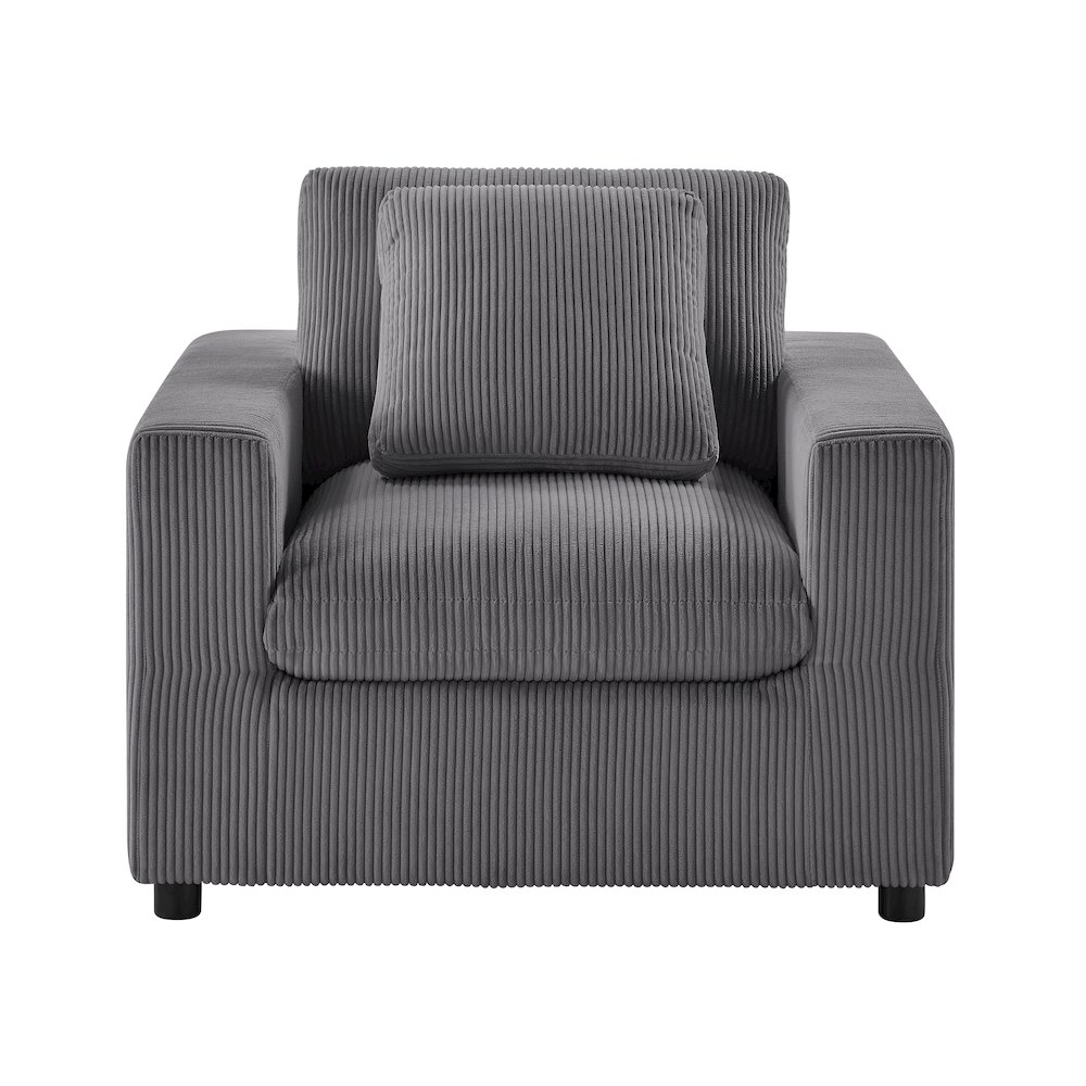 Modern Casella armchair by Start2Finish in charcoal corduroy with plush cushions and sleek contemporary design.