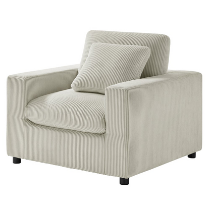 Start2Finish Casella Modern Armchair in beige corduroy with wooden legs, showcasing a contemporary furniture design.